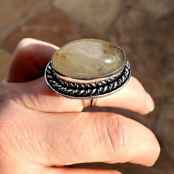 New Huge Golden Rutile Quartz 925 Silver Statement Ring. - Picture 14 of 16